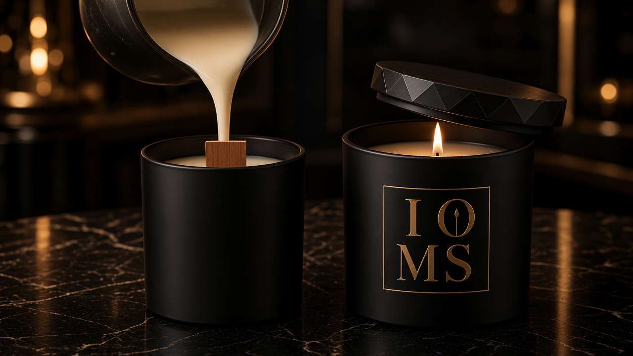 Cream wax poured into a matte black Signature vessel beside a finished candle with the IOMS house mark, black diamond lid, and thick wooden wick.