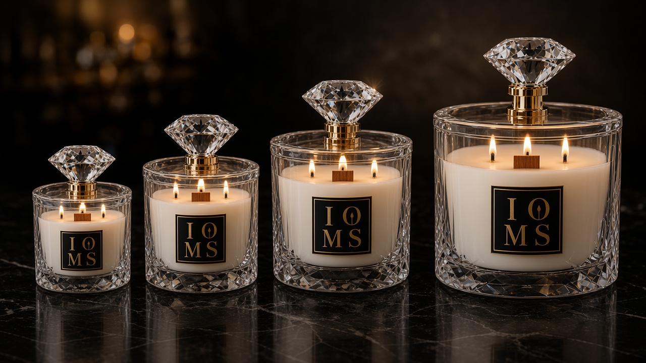 Diamond Cut crystal candles with matching IOMS house marks, thick wooden wicks, and raised brilliant toppers on black marble.