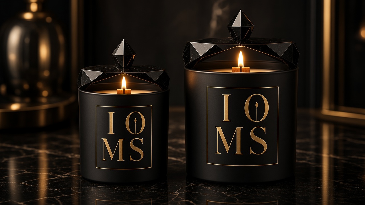 Signature Collection close study — matte black vessels, black diamond lids on the rim, thick wooden wicks, gold IOMS mark.